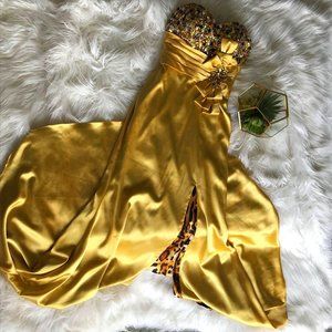 Alyce paris gold Leopard backless train slit dress